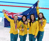 北京时间2012年7月29日，女子4x100米自由泳接力决赛，澳大利亚、荷兰和美国队分列前三名，中国...